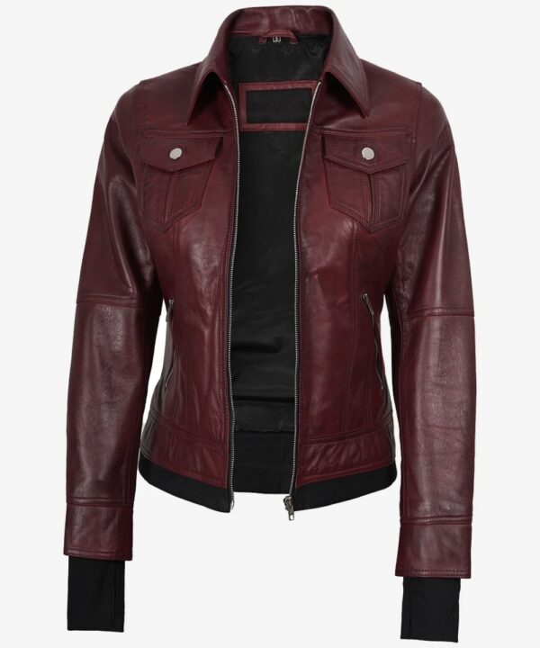 Women’s Burgundy Leather Bomber Jacket – Detachable Hood Style