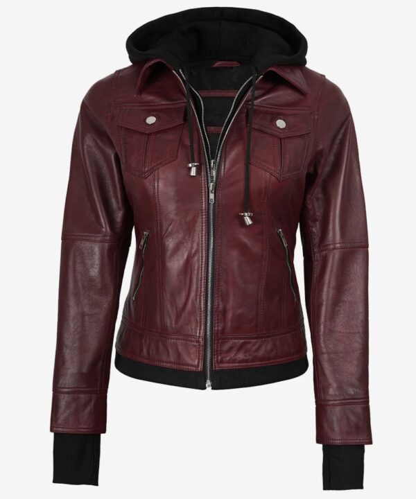 Women’s Burgundy Leather Bomber Jacket – Detachable Hood Style