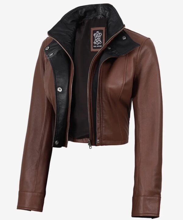 Women’s Cognac Cropped Leather Jacket – Black Accent Design