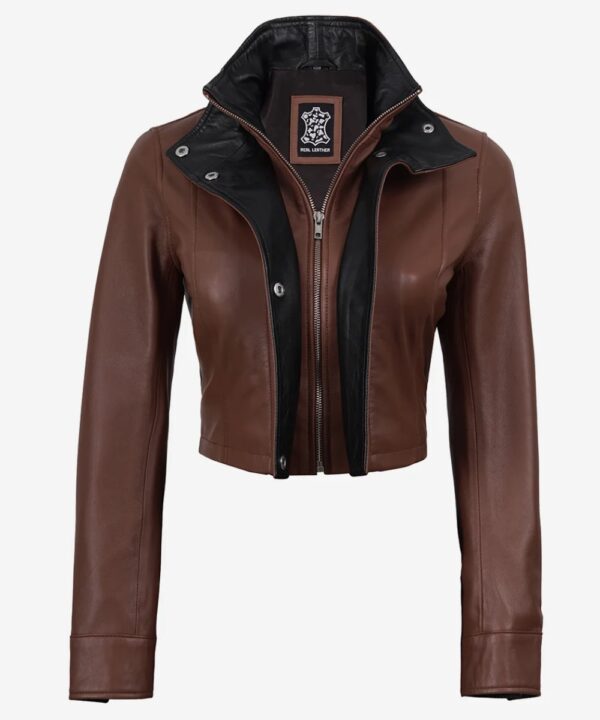 Women’s Cognac Cropped Leather Jacket – Black Accent Design
