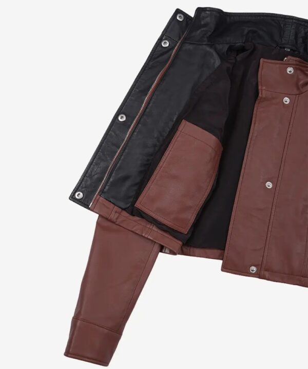 Women’s Cognac Cropped Leather Jacket – Black Accent Design