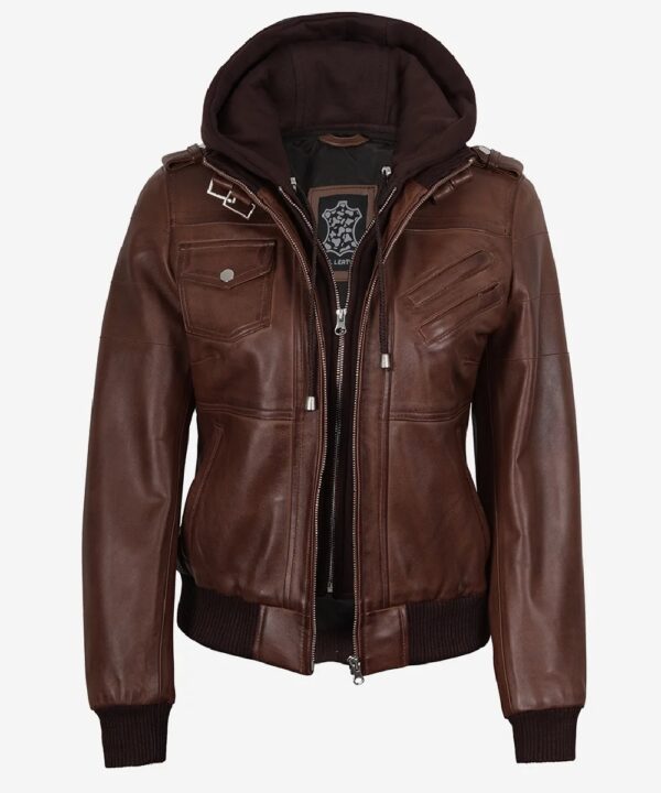 Women’s Cognac Leather Bomber Jacket – Detachable Hood Style