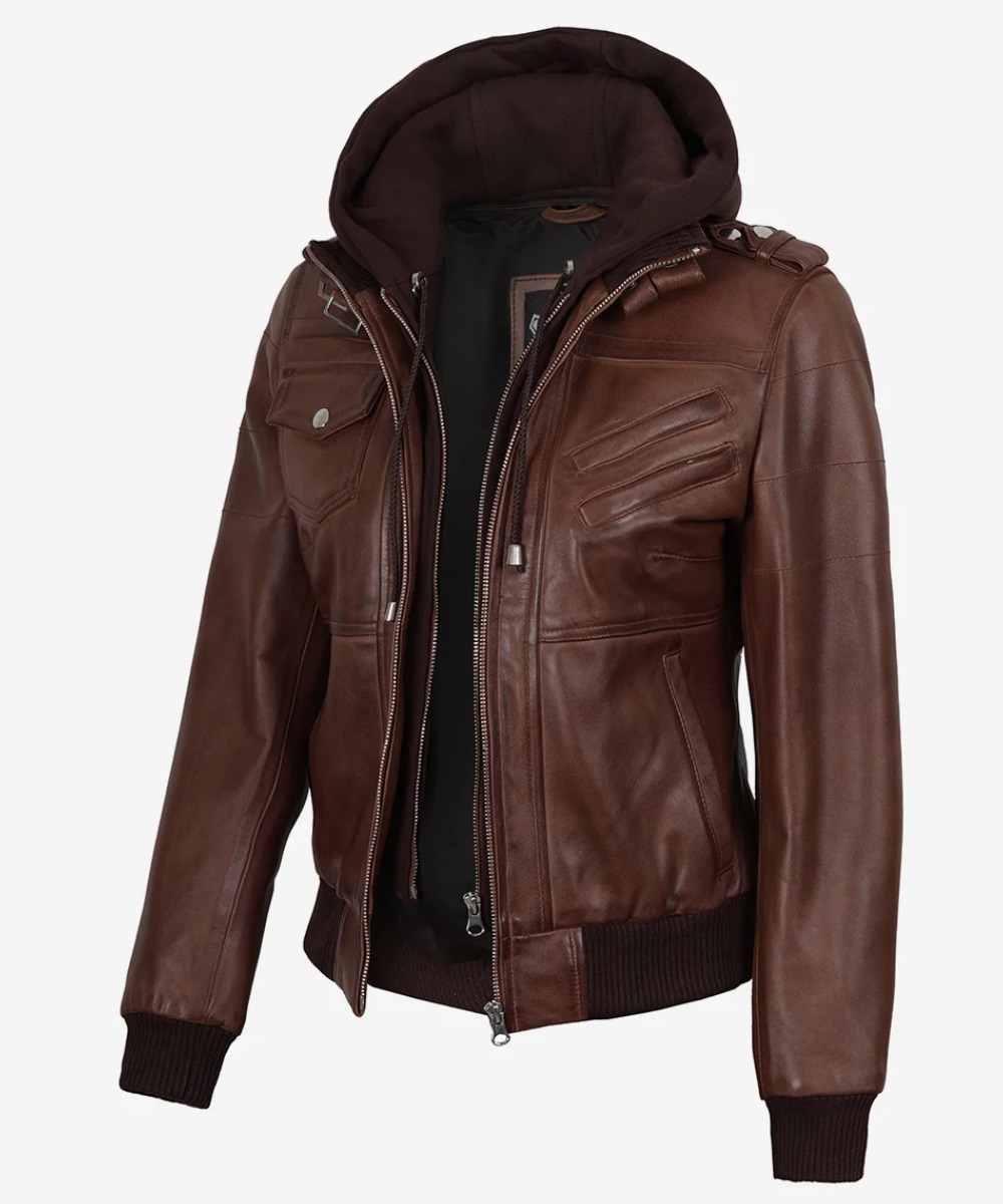 Women’s Cognac Leather Bomber Jacket – Detachable Hood Style