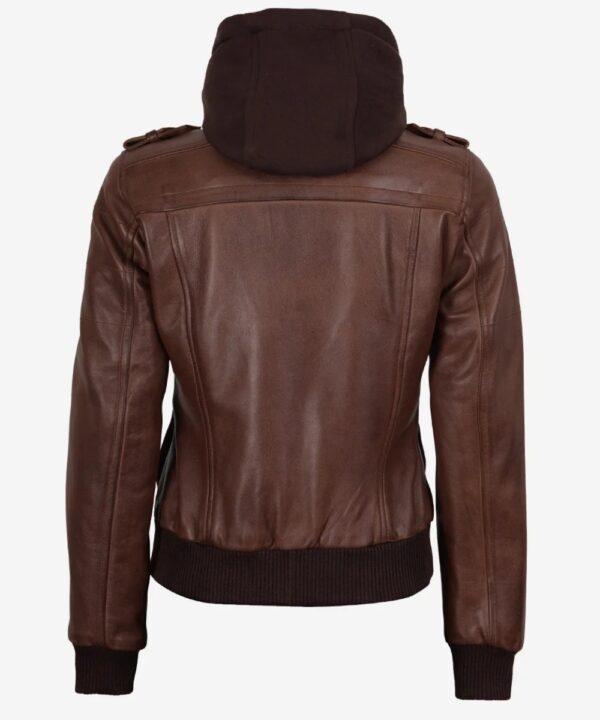 Women’s Cognac Leather Bomber Jacket – Detachable Hood Style