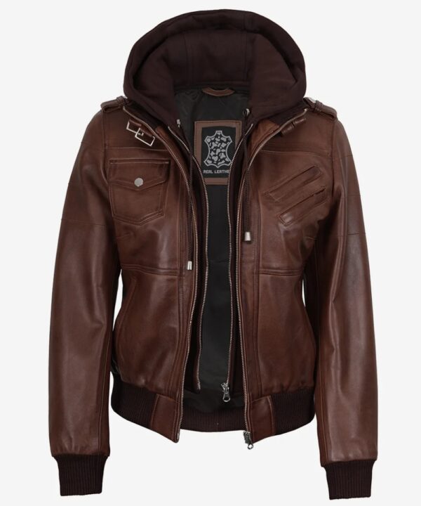 Women’s Cognac Leather Bomber Jacket – Detachable Hood Style
