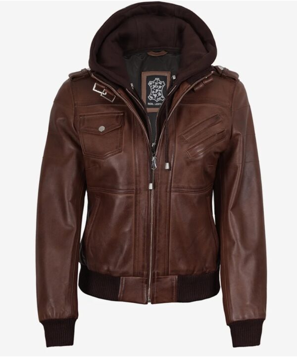 Women’s Cognac Leather Bomber Jacket – Detachable Hood Style