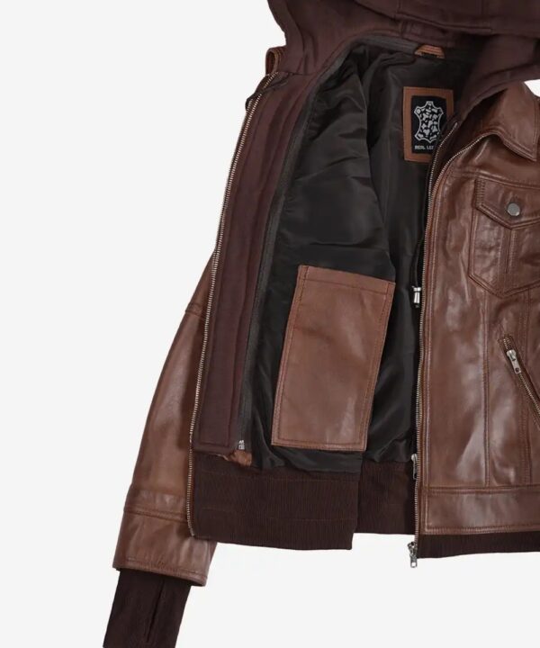 Women’s Cognac Waxed Leather Bomber Jacket – Detachable Hood