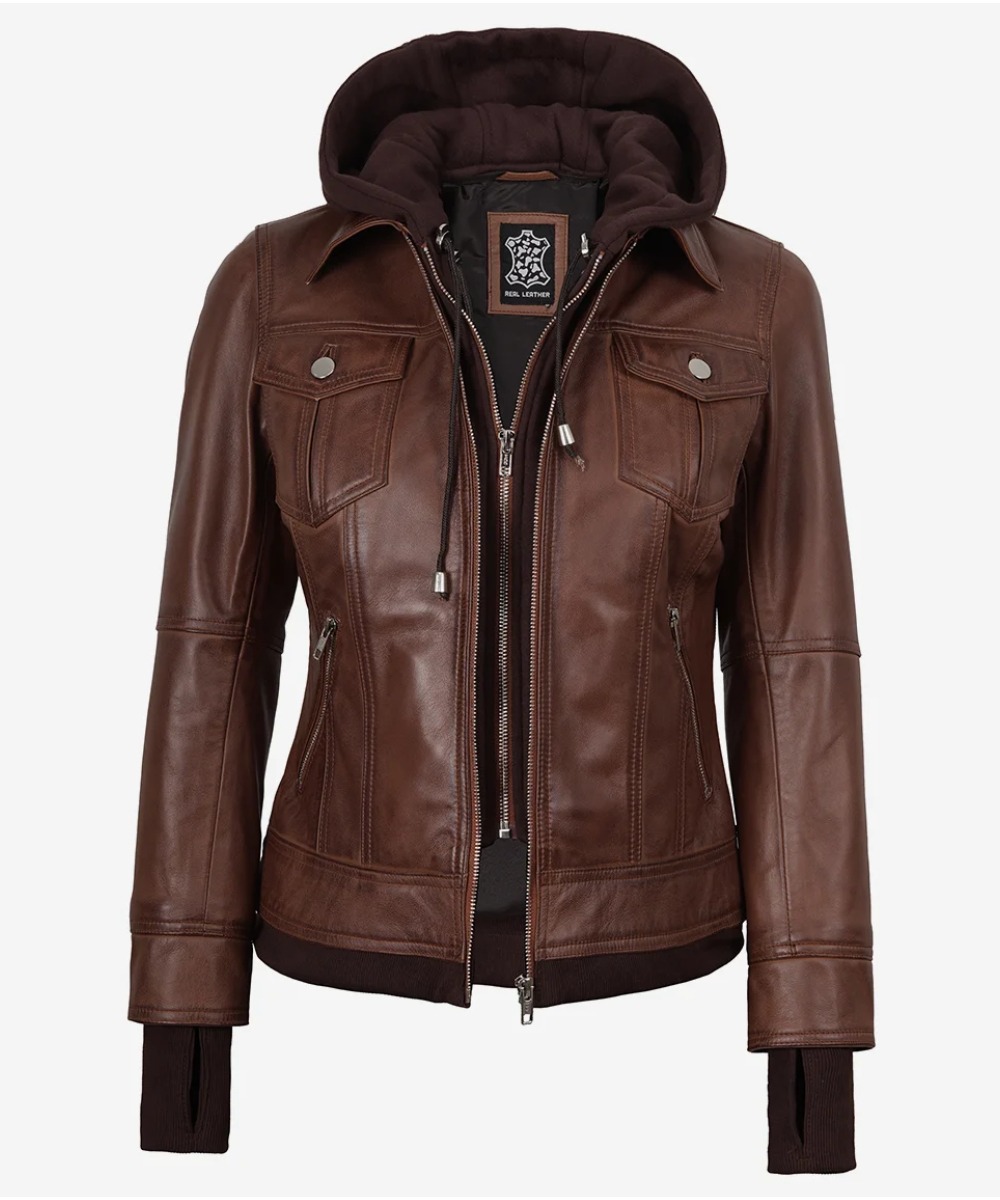Women’s Cognac Waxed Leather Bomber Jacket – Detachable Hood