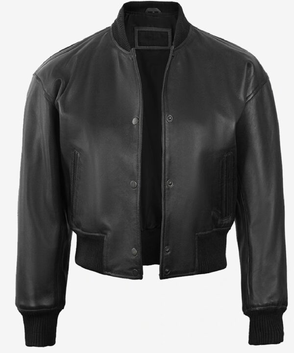 Women’s Cropped Black Leather Bomber Jacket – Relaxed Shoulder Style