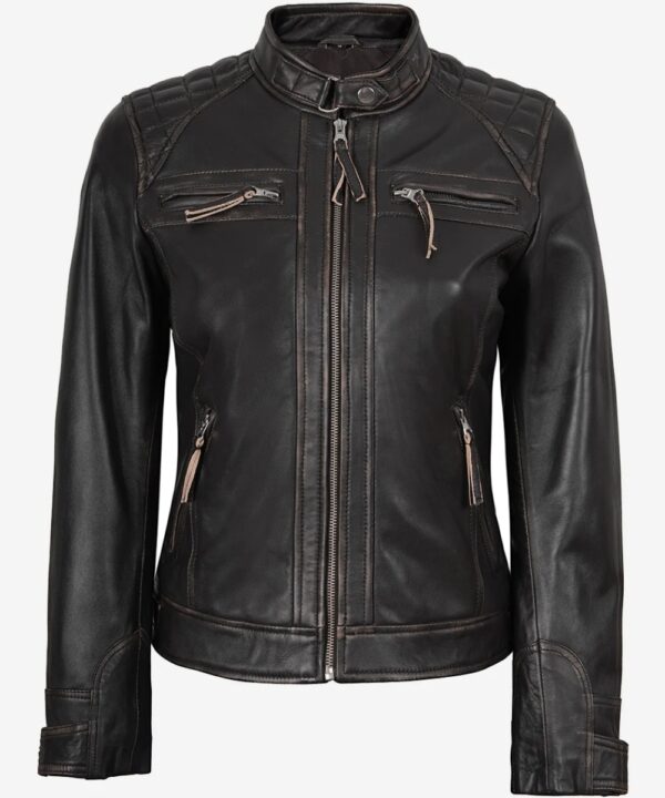 Women’s Distressed Brown Leather Biker Jacket – Vintage Rugged Style