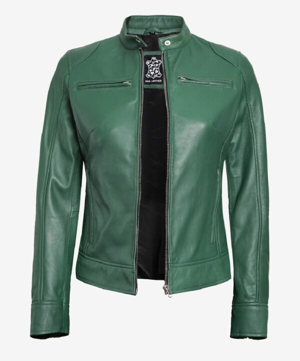 Women’s Green Leather Café Racer Jacket – Sleek Motorcycle Style