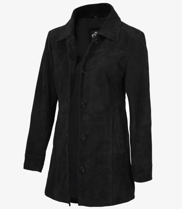 Black Suede Leather Button Closure Coat for Women