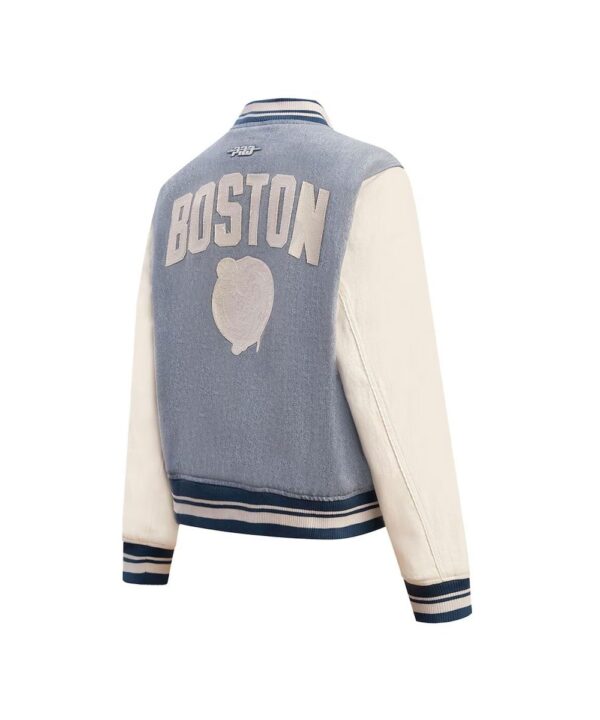 Women’s Light Blue Denim Varsity Jacket – Contrast Sleeve Style