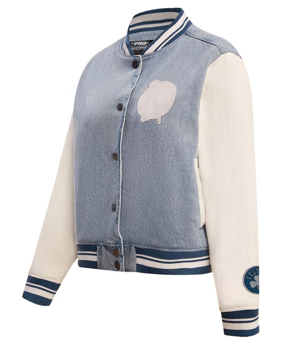 Women’s Light Blue Denim Varsity Jacket – Contrast Sleeve Style