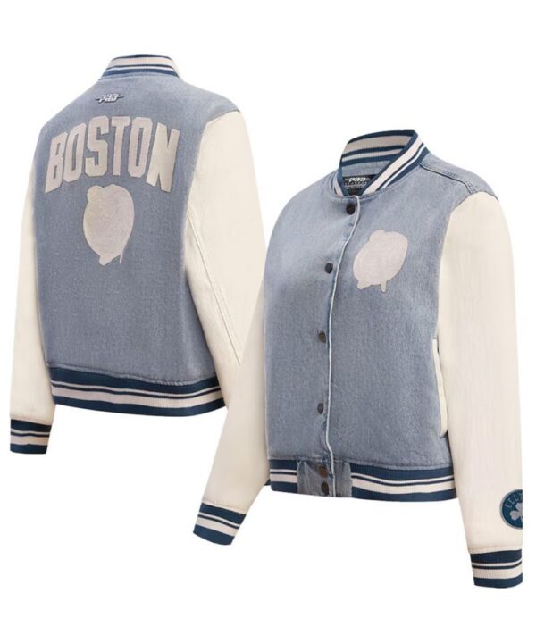 Women’s Light Blue Denim Varsity Jacket – Contrast Sleeve Style