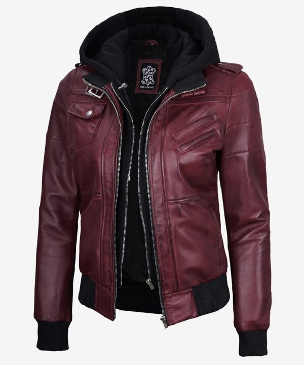 Women’s Maroon Leather Bomber Jacket – Hooded Casual Style