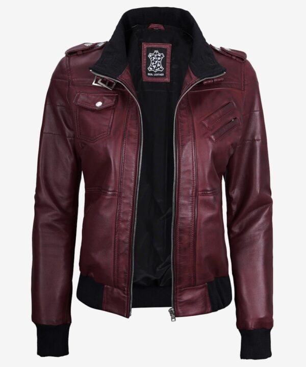 Women’s Maroon Leather Bomber Jacket – Hooded Casual Style
