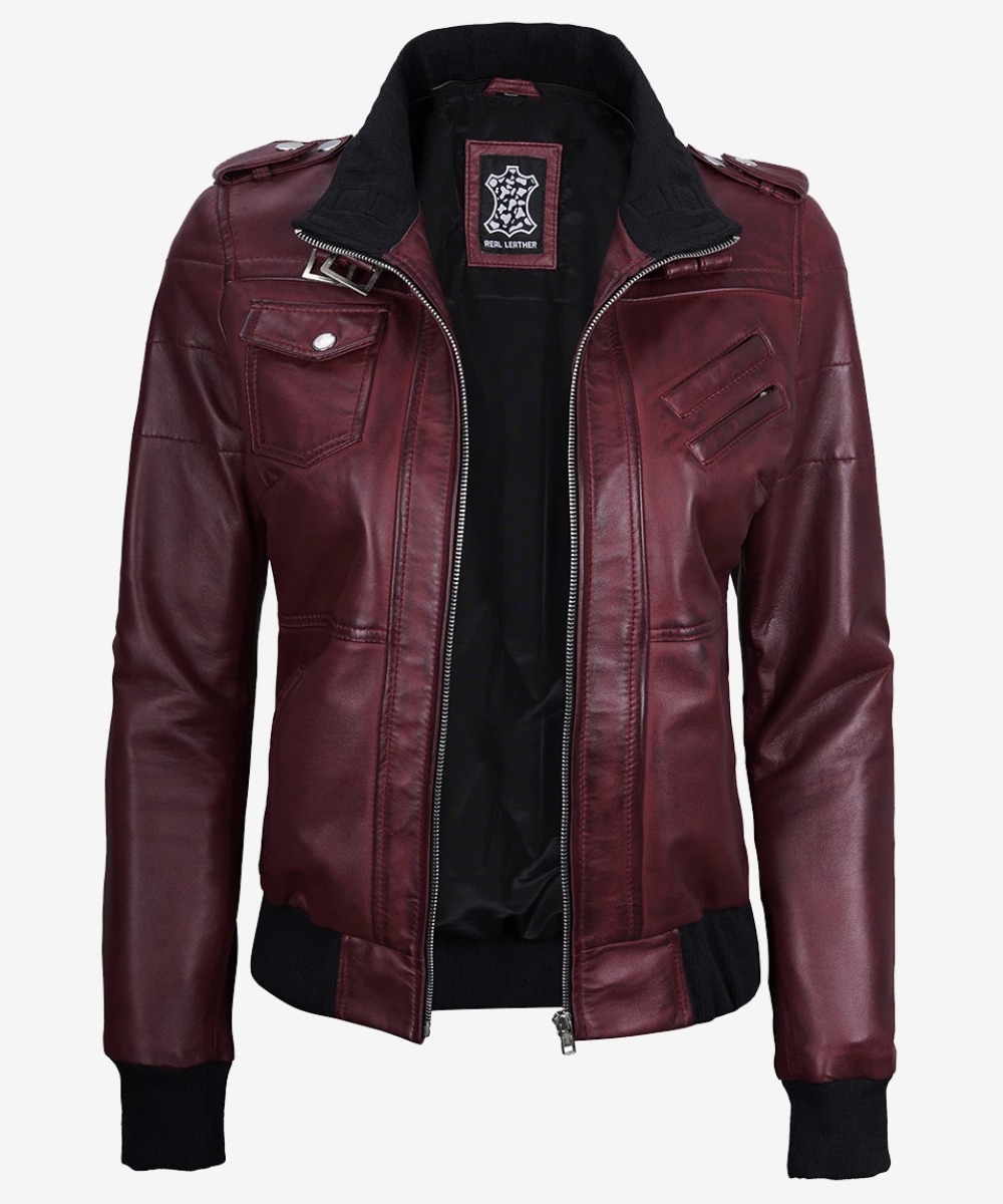 Women’s Maroon Leather Bomber Jacket – Hooded Casual Style