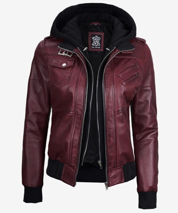 Women’s Maroon Leather Bomber Jacket – Hooded Casual Style