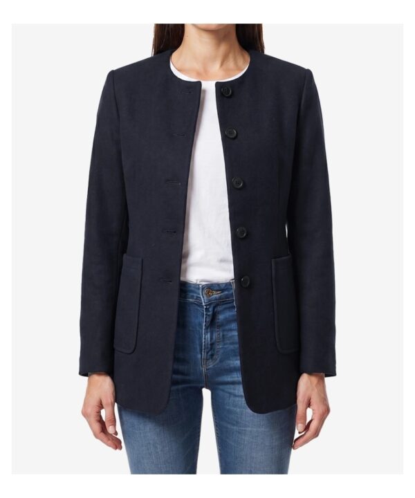 Women’s Navy Blue Wool Jacket – Modern Collarless Winter Style