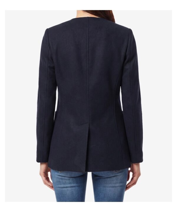 Women’s Navy Blue Wool Jacket – Modern Collarless Winter Style