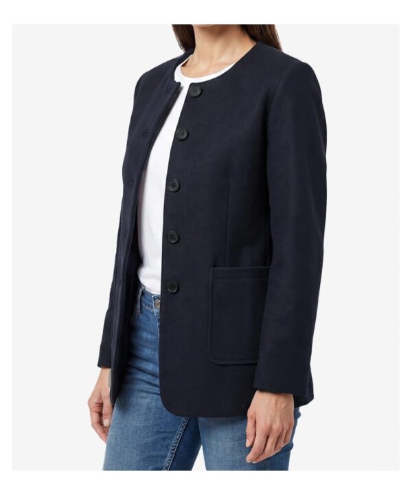 Women’s Navy Blue Wool Jacket – Modern Collarless Winter Style