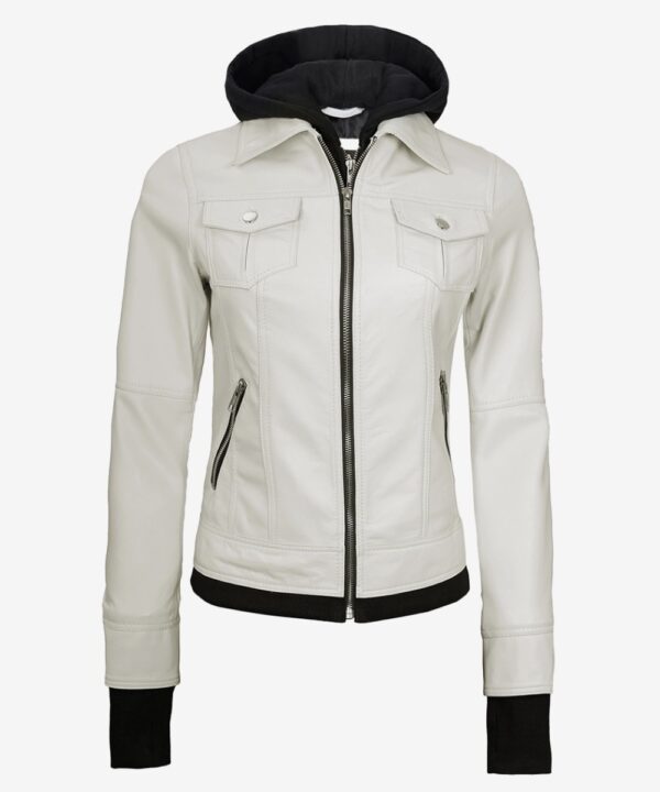 Women’s Off-White Leather Bomber Jacket – Detachable Hood Style