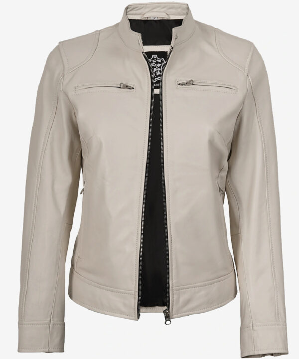 Women’s Off-White Leather Café Racer Jacket – Sleek Zip-Up Style