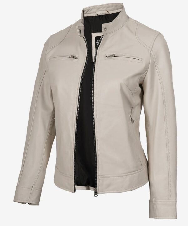 Women’s Off-White Leather Café Racer Jacket – Sleek Zip-Up Style