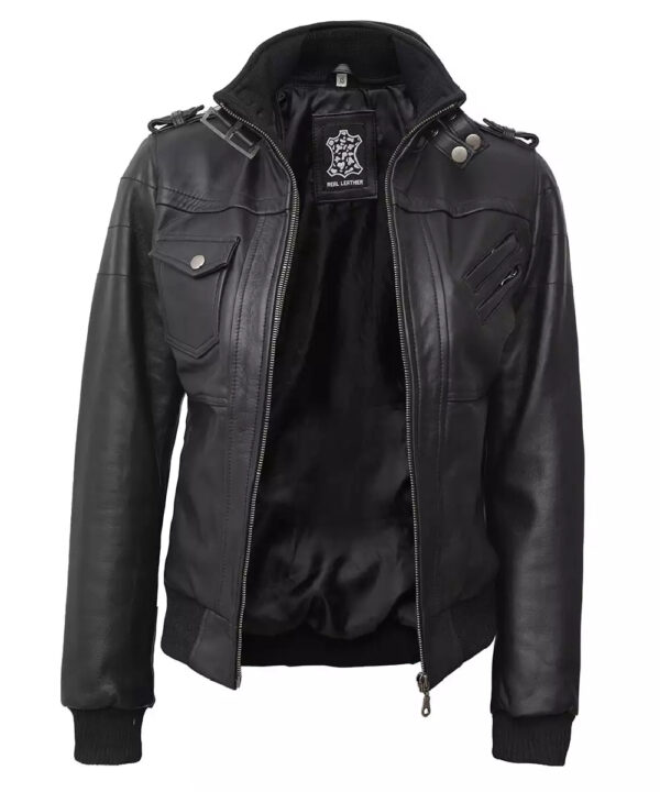 Women’s Petite Black Bomber Jacket – Detachable Hood Design