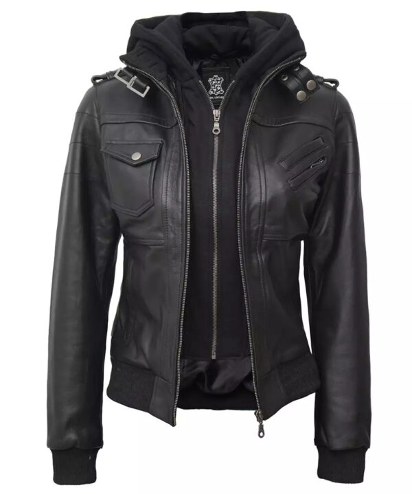 Women’s Petite Black Bomber Jacket – Detachable Hood Design
