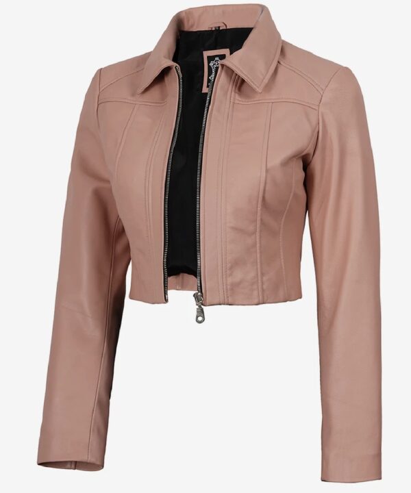 Women’s Pink Cropped Leather Jacket – Classic Shirt Collar