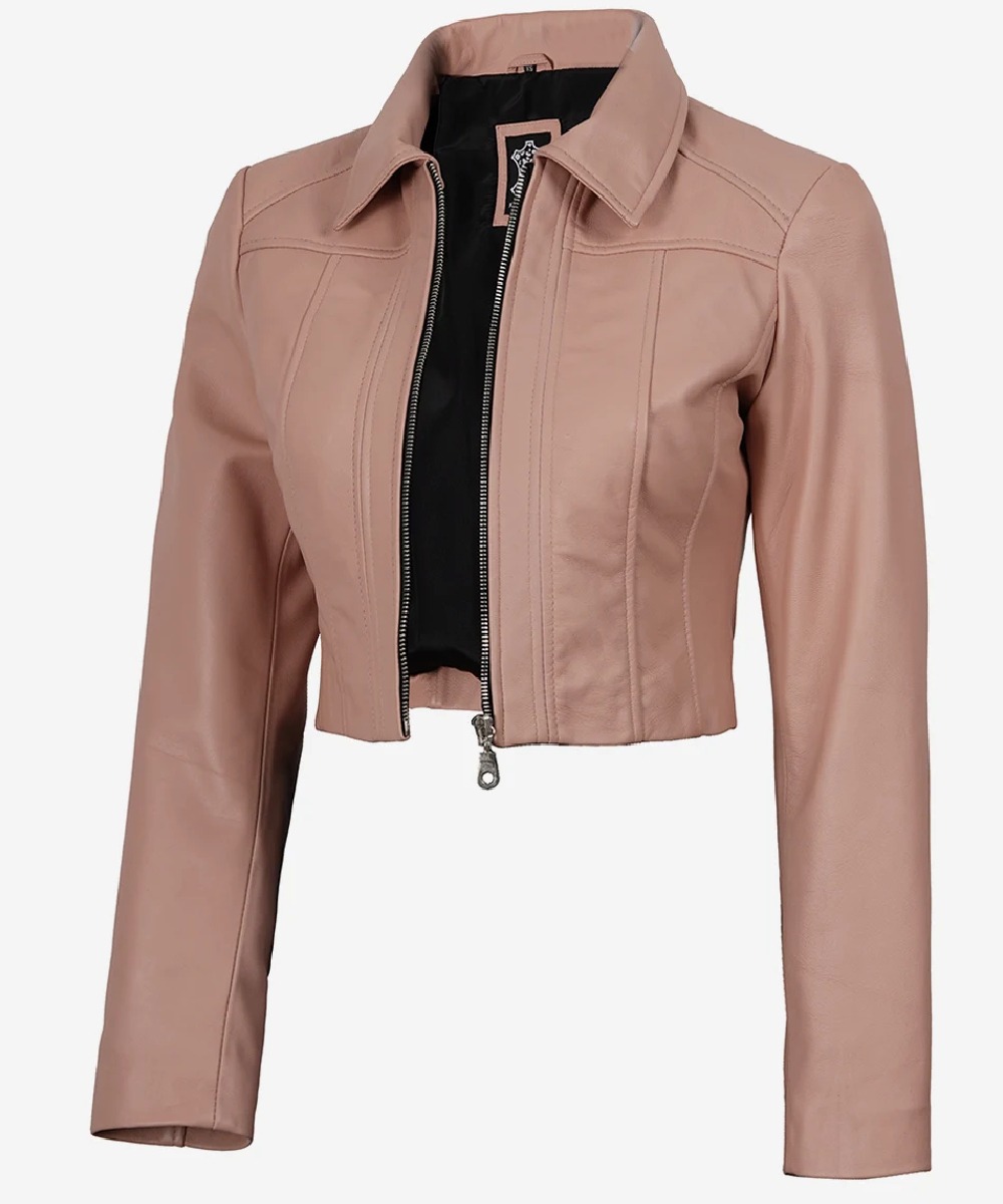 Women’s Pink Cropped Leather Jacket – Classic Shirt Collar