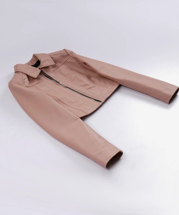 Women’s Pink Cropped Leather Jacket – Classic Shirt Collar