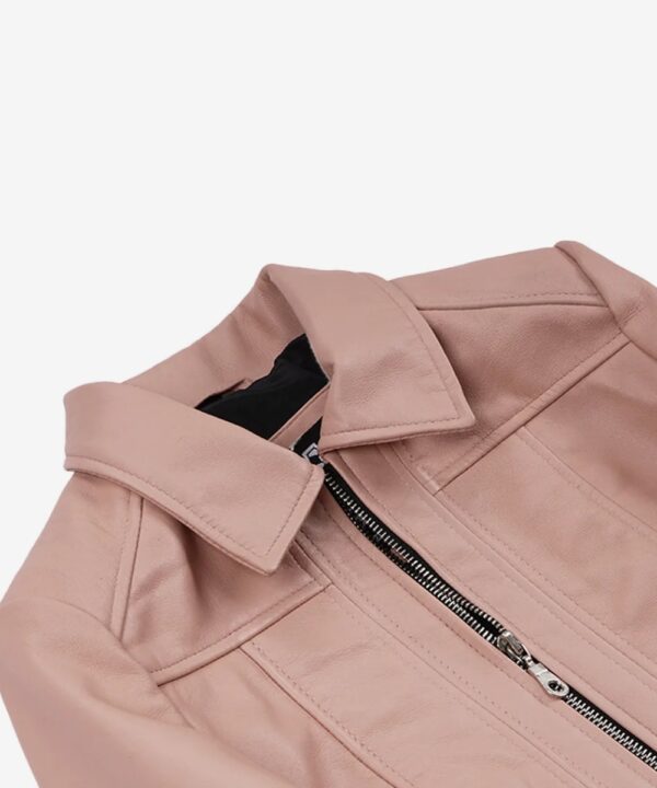 Women’s Pink Cropped Leather Jacket – Classic Shirt Collar