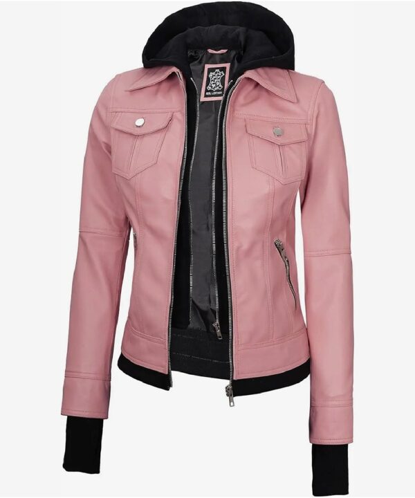 Women’s Pink Leather Bomber Jacket – Detachable Hood Style