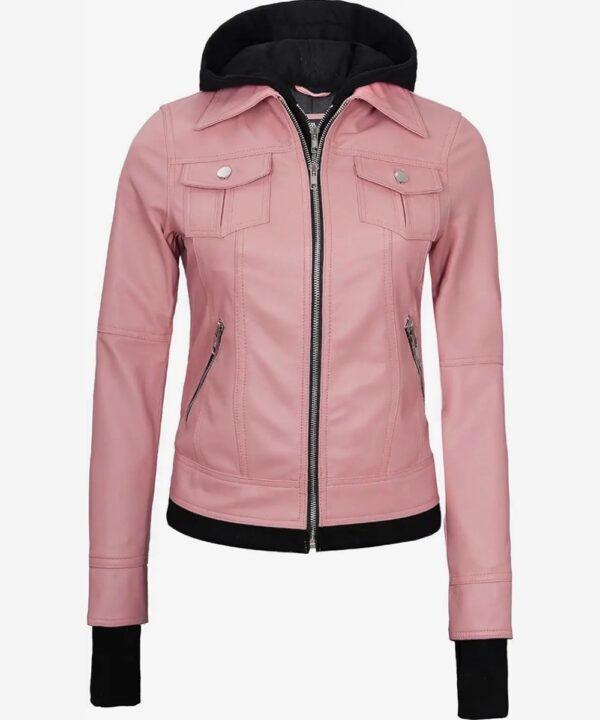 Women’s Pink Leather Bomber Jacket – Detachable Hood Style