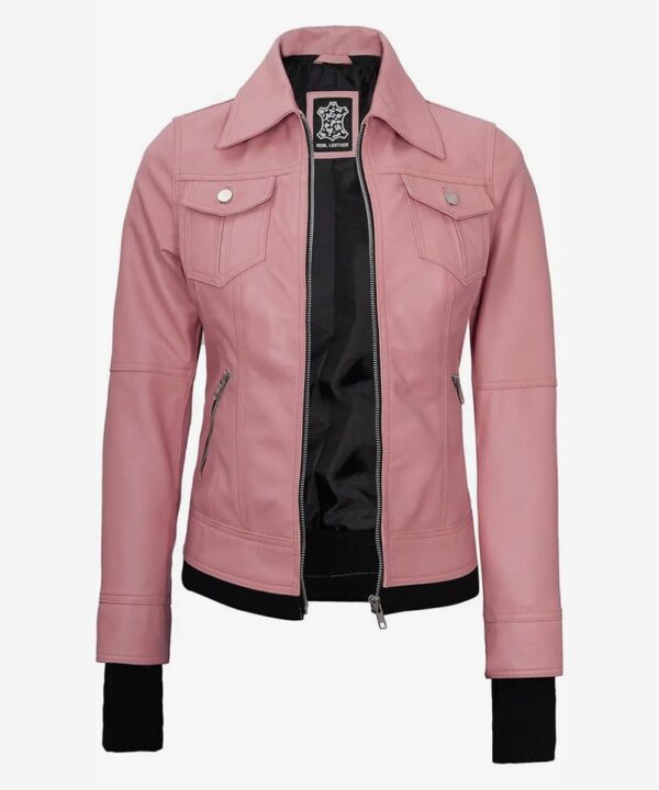 Women’s Pink Leather Bomber Jacket – Detachable Hood Style