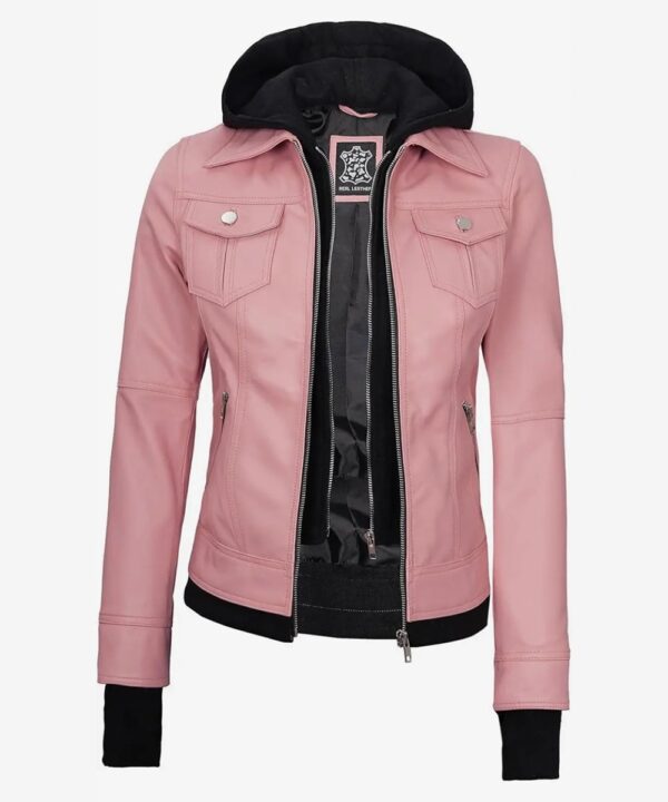 Women’s Pink Leather Bomber Jacket – Detachable Hood Style