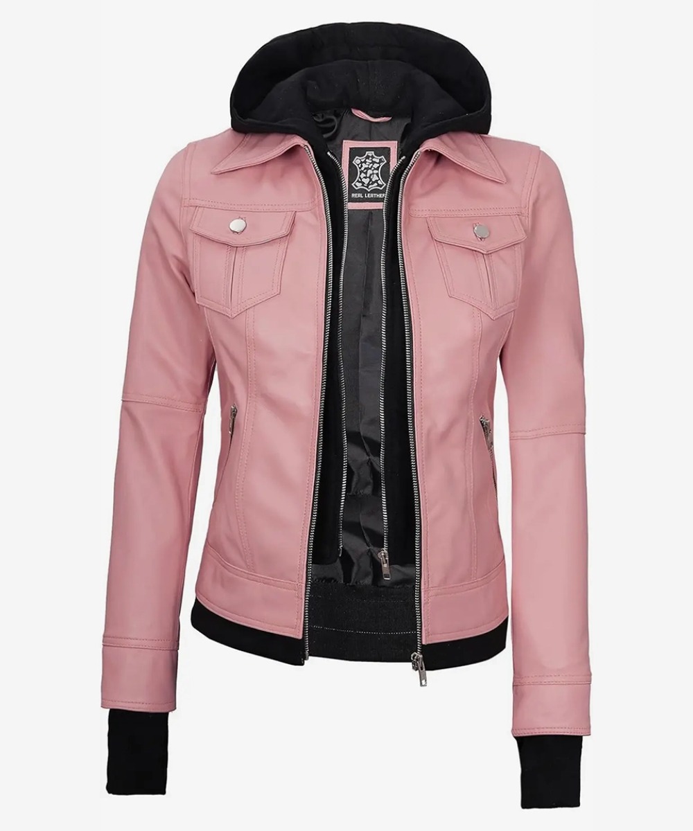 Women’s Pink Leather Bomber Jacket – Detachable Hood Style