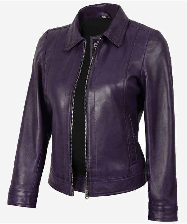 Women’s Purple Leather Jacket – Classic Shirt Collar Design