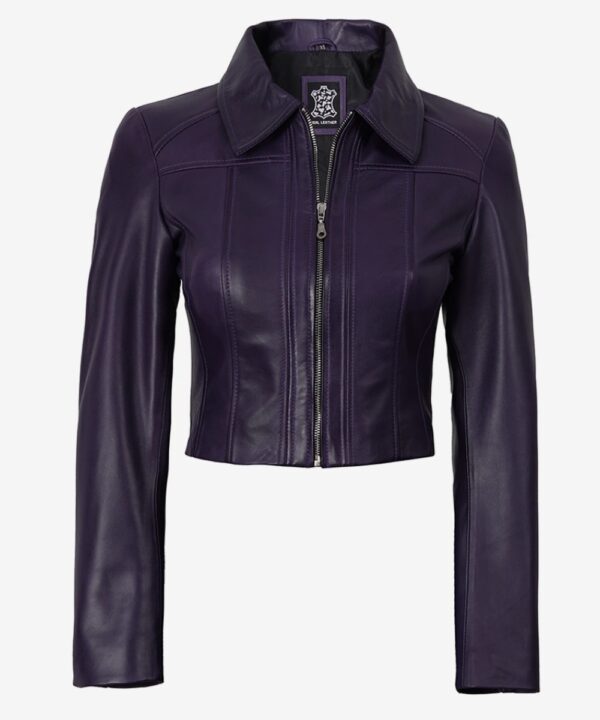 Women’s Purple Leather Jacket – Stylish Cropped Silhouette