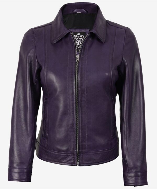 Women’s Purple Leather Jacket – Classic Shirt Collar Design