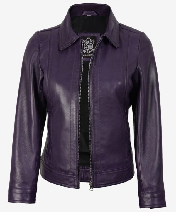 Women’s Purple Leather Jacket – Classic Shirt Collar Design