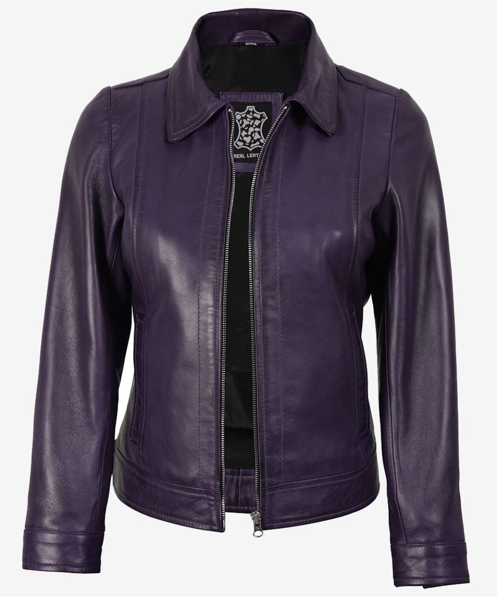 Women’s Purple Leather Jacket – Classic Shirt Collar Design