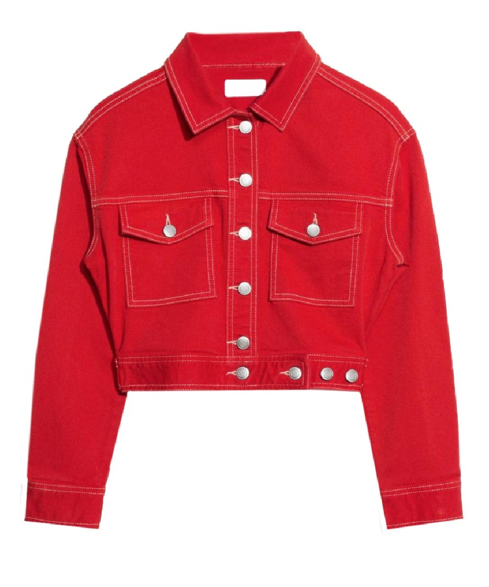 Women’s Red Denim Jacket – Classic Casual Button-Up Style