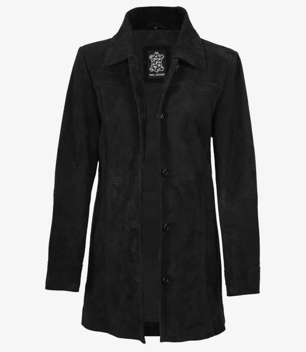 Black Suede Leather Button Closure Coat for Women