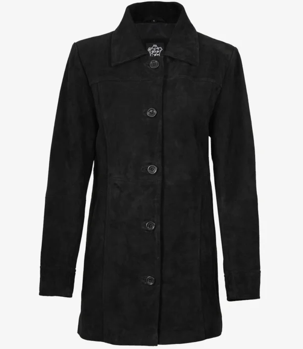 Black Suede Leather Button Closure Coat for Women