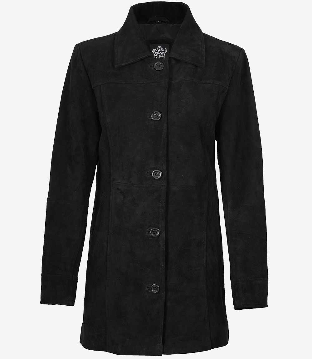 Black Suede Leather Button Closure Coat for Women