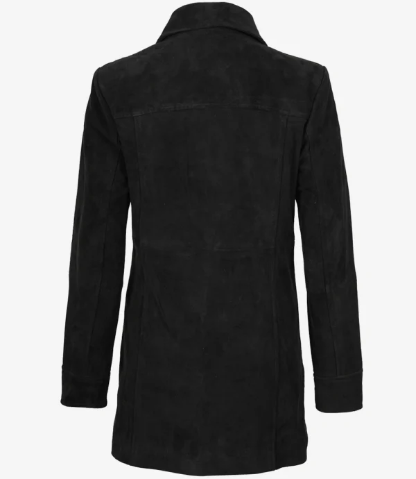 Black Suede Leather Button Closure Coat for Women